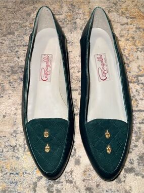 Pappagallo Dark Green Quilted Pointed Toe Flats with Gold Accents